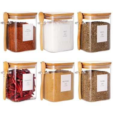 HHMJSM 6 Pcs Square Glass Jar with Bamboo Lid and Spoon 27 oz Large Sugar Container with 148 Kitchen Pantry Spice Jar Labels Preprinted Glass Containers with Wooden Lids Hold Coffee Tea Candy