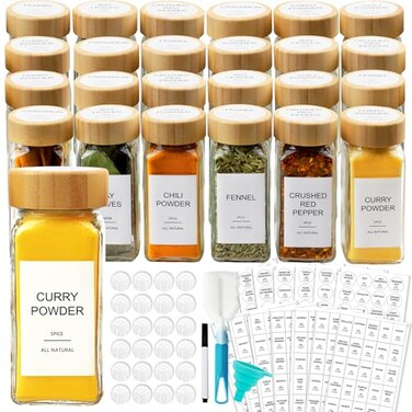 AISIPRIN Glass Spice Jars with 398 Labels 24 pcs 4oz Spice Containers with Bamboo Lids Square Spice Bottles With Shaker LidsSpice Organization for CabinetDrawerRackSeasoning Organizer
