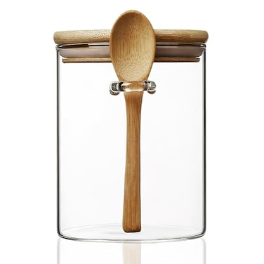 MOLADRI 15 oz450 ml Glass Storage Canister with with Airtight Lid Cute Clear Decorative Container Jar with Wooden Spoon for Coffee Spice Candy Salt Cookie Condiment Sugar Matcha Tea Overnight Oats