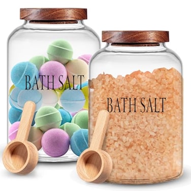 SiliFine 2 Sets 74 oz Large Bath Salt Container with Wooden Scoop for Glass Bath Salt Jar with Airtight Lid Storage Canister for Food Flour Sugar Cookie Kitchen