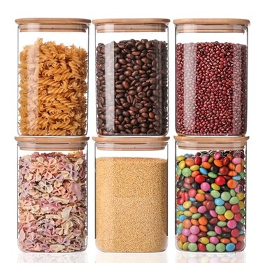 YUNCANG Glass Storage Jars 6 Pack 37oz Clear Glass Food Storage Containers with Airtight Bamboo Lid Stackable Kitchen Canisters for CandyCookieRiceSugarFlourPastaNuts and Spice JarsSquare