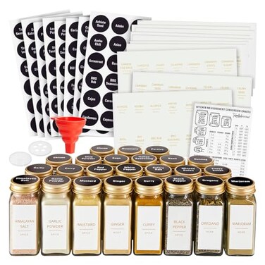Talented Kitchen 24Pack Glass Spice Jars 4 Oz Square Bottles Gold Metal Caps Refillable Shaker Pour Lids 284 Preprinted Stickers Seasoning Organizer for White Gold Kitchen Organization