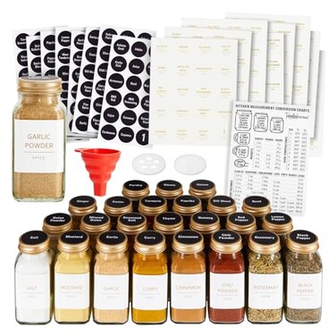 Talented Kitchen Spice Jars 24Pack 6 oz Glass Jars with Gold Shaker Lids 328 Preprinted Labels Silicone Funnel Seasoning Organizer for Kitchen Storage