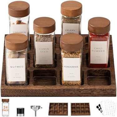 Yangbaga Glass Spice Jars with Labels 24pc 4oz Square Seasoning Containers and 2pc Rack with Airtight Wood lidPepper GrinderFunnel Empty Spice Organizer Bottles for Kitchen Drawer Cabinet
