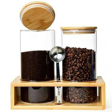 QUALLON Glass Coffee Containers With Shelf Coffee Bar Organizer And Accessories Coffee Jars With Spoon 2x 49oz Airtight Sealed Coffee Canister For Coffee Bean Ground Coffee Nuts