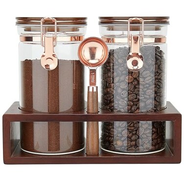 SIQOLNY Glass Coffee Container with Wooden Shelf 2 x 40 FLOZ Coffee Bean Storage with Sealed Closure Clips and Copper Spoon Kitchen Large Capacity Food Storage Jar Ground Coffee Container
