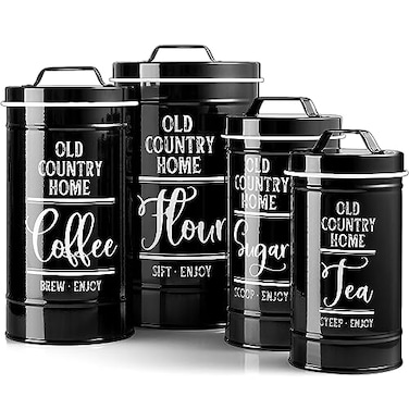 DAYYET Black Canisters Sets for the Kitchen Airtight Kitchen Canisters for Countertop Flour and Sugar Containers Tea Coffee Sugar Canister Set Black Kitchen Decor and Accessories Set of 4