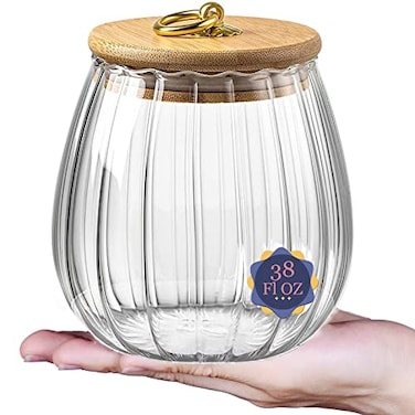 Galazzz 38 FL OZ Glass Jars with Bamboo Lids Airtight Storage Containers Large Candy Jars for Coffee Nuts Cookies Decorative Glass Canister 1130ml Oval