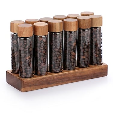 JUXYES Set of 12 Single Dose Coffee Bean Storage Tubes with Wooden Stand and Lids Dosing Glass Vials for Coffee Storage Coffee Bean Container Cellars Espresso Bean Canisters Set 2 fl oz