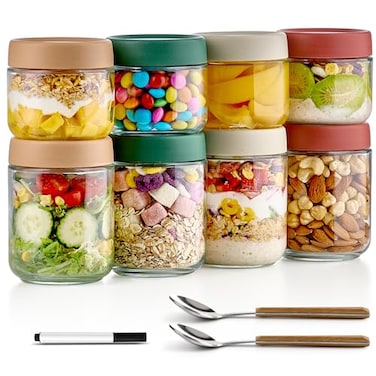 Qipecedm 8 Pack Overnight Oats Containers with Lids Large Small Glass Mason Jars 16oz 10 oz Breakfast Oatmeal Container to Go Salad Meal Prep Jars for Food Storage Mush Chia Seed Pudding Jars