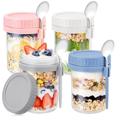 DRKIO 4 Pack Overnight Oats Containers with Lids and Spoons 16 Oz Glass Mason Jars for Overnight Oats Leak Proof Oatmeal Container Great for Cereal Fruit Vegetable Milk Salad Yogurt Meal Prep