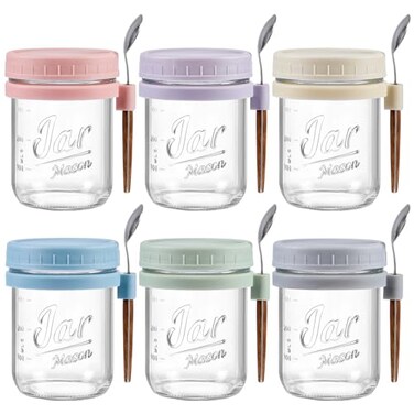 LANDNEOO 6 Pack Overnight Oats Containers with Lids and Spoons 16 oz Glass Mason Overnight Oats Jars Large Capacity Airtight Jars for Milk Cereal Fruit