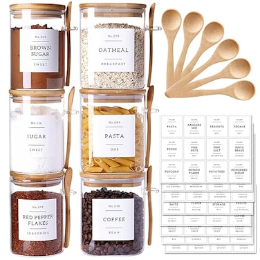 CZSZYGHBAO 6 Pack Glass Jars with Bamboo Lid and Spoons 17Oz27Oz Borosilicate Glass Jars with 132 Pantry Labels for Coffee Beans Tea Sugar More