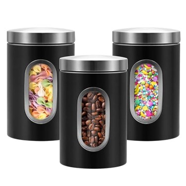 QYQRQF Canisters Sets for the Kitchen 3pcs Sugar Flour Tea Coffee Storage Jars Stainless Steel Food Container Organizer for Kitchen Counter with Transparent Window black