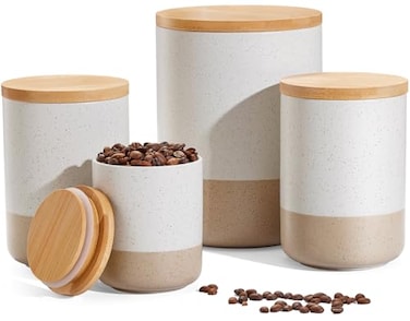 Yangbaga Canisters Sets for Kitchen CountertopSet of 4 Ceramic Kitchen Canisters Food Storage Jar with Airtight Wood Lids Spoons LabelLarge Flour and Sugar Containers for Serving Ground Coffee