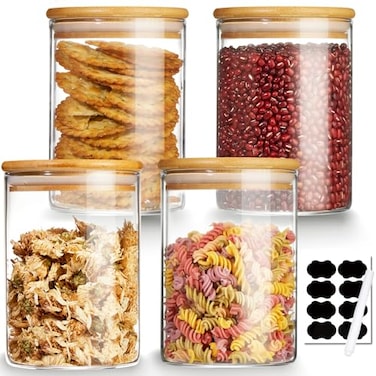 Mfacoy 4 Pack Glass Storage Jars with Airtight Bamboo Lid 27 OZ Glass Canisters Set with Labels Glass Food Storage Jar for Kitchen Clear Container for Candy Cookie Coffee Beans Snacks Spices