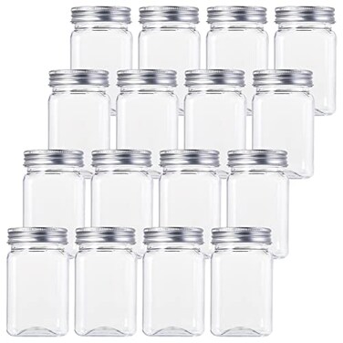 Bekith 16 Pack Clear Plastic Jars with Lids 13oz Airtight Container for Food Storage Refillable Square Empty Plastic Jars for Dry Food Peanut Butter Honey and Jam Storage