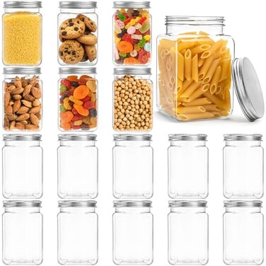 Bekith 16 Pack Clear Plastic Jars with Lids 16 OZ WideMouth Refillable Storage Containers Square Empty Plastic Storage Jars for Dry Food Candy Cookie Peanut Butter Honey