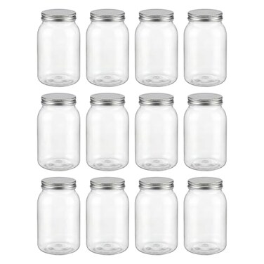 novelinks 32 oz Mason Jars with Plastic Lids 12 Pack Large Plastic Salad Jars with Lids 32oz Reusable Spice Containers Kitchen Jars for Pantry Organization 12 PackSilver