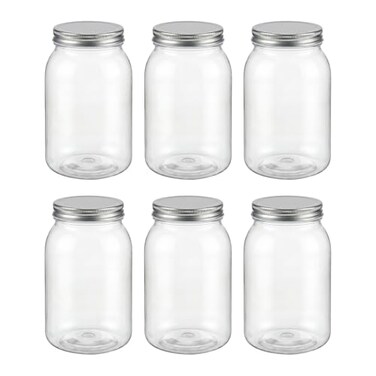 novelinks 32 oz Clear Plastic Jars with Lids 6 Pack Large Plastic Mason Jars with Lids 32oz Reusable Quart Containers for Kitchen Organization 6 PackSilver