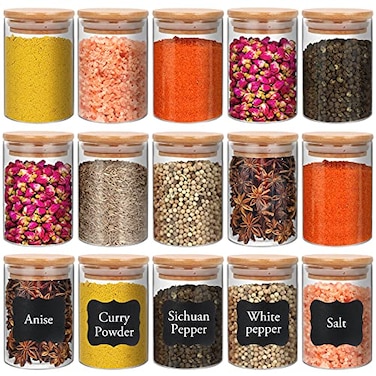 DHSBTLS 8 oz Glass Jars With Bamboo Lids Borosilicate Airtight Canisters Food Storage Container Pantry Organization Kitchen Sets Spice Containers Set of 15