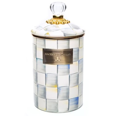 MACKENZIE-CHILDS MACKENZIECHILDS Enamel Canister Versatile Kitchen Storage Container for Flour and Sugar Large 64Ounce Capacity GrayandWhite Sterling Check