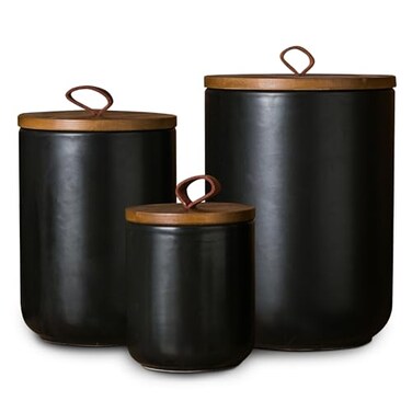 JOJUNO Black Ceramic Canister Set with Wooden Lid 3Piece Airtight Food Storage Jars for Kitchen Counter Flour Sugar Coffee Tea Spice Small Medium Large Sizes