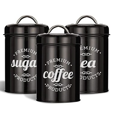 Dxlac 3 Piece Food Jars Canisters Sets Airtight Coffee Container Tea Organizer And Sugar Canister Rustic Farmhouse Decor for Kitchen Countertop Black