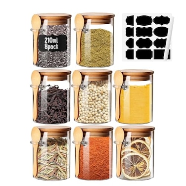 Yalucky Spice Jars with Label 7oz Glass Storage Containers with Lids and Spoon Small Glass Jars for Overnight Oats Cereal Containers Storage Meal Prep Jars for Sugar Yogurt Chia Pudding Salt Candy 8pc