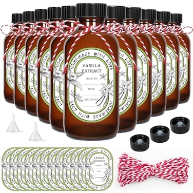 CZBRO 12 Pack 2 oz Vanilla Extract Bottles with Black Poly Cone Caps and 12 Pcs Vanilla Extract Stickers 60ml Boston Round Sample Bottles for Homemade Vanilla Extract Essential Oils Herbal Medicine 2o