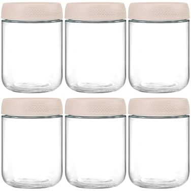 NETANY 6pack 16oz Glass jars with Airtight Lids Overnight Oats Containers with Lids Wide mouth Mason Salad jars Glass Food Storage Containers for Snacks Yogurt Spice SugarBeige
