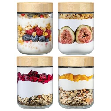 NETANY 4pack 16oz Glass jars with Airtight Lids Overnight Oats Containers with Bamboo Lids Wide mouth Mason Salad jars Glass Food Storage Containers for Snacks Yogurt Spice Sugar