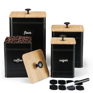 PERFNIQUE Kitchen Canisters Airtight Canister Sets for Kitchen Counter Kitchen Canisters for Countertop Set of 4 Coffee Tea Sugar Flour Spice Tin Jars Food Storage Container with LidBlack