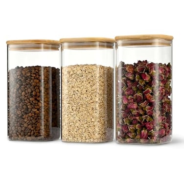 D2scrma 50oz Airtight Glass Square Storage Canister with Bamboo Lid Set of 3 1500ml Container Stackable Spice Jar Kitchen Canister for Flour Cookies Cereal and Coffee beans with Black Lable