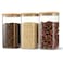 D2scrma 50oz Airtight Glass Square Storage Canister with Bamboo Lid Set of 3 1500ml Container Stackable Spice Jar Kitchen Canister for Flour Cookies Cereal and Coffee beans with Black Lable