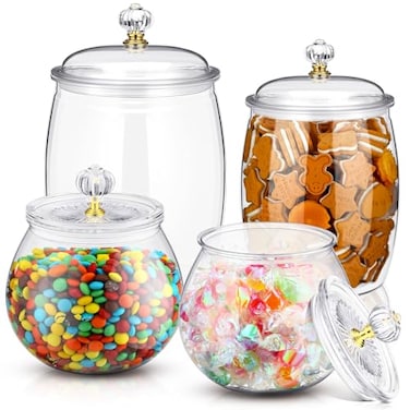 Nuogo 4 Pcs Plastic Candy and Cookie Jars with Lids Clear Cookie Container Candy Jars Large Airtight Apothecary Storage Organization for Wedding Home Kitchen Bar304264 oz