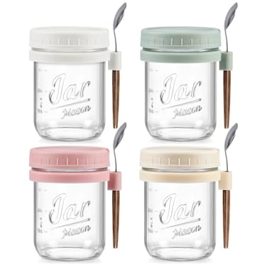 LANDNEOO 4 Pack Overnight Oats Containers with Lids and Spoons 16 oz Glass Mason Jars with Airtight Lids Overnight Oats Jars for Milk Cereal Fruit