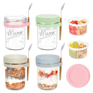 Xyptorix 4 Pack Overnight Oats Containers with Lids and Spoons 16 oz Mason Jars with Removable Separate Compartments Airtight and LeakProof Glass Jars for Chia Pudding Yogurt and Oatmeal
