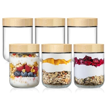 NETANY 6pack 16oz Glass jars with Airtight Lids Overnight Oats Containers with Bamboo Lids Wide mouth Mason Salad jars Glass Food Storage Containers for Snacks Yogurt Spice Sugar