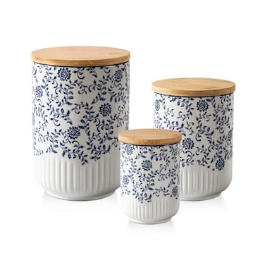 Cerkik Canisters Sets for Kitchen Ceramic Kitchen Containers for Countertop with Airtight Wood Lids Flour and Sugar Containers for Coffee Tea Spice Beans Cookie Jars Blue Set of 3