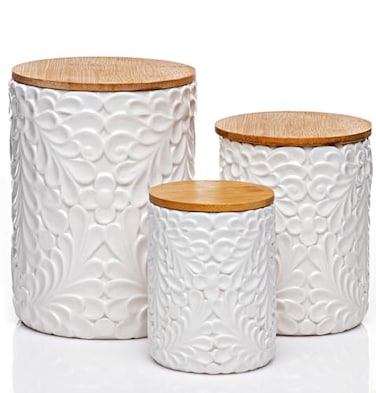 25DOL Engraved Design Kitchen Canisters Set of 3 with 74 Oz 36 Oz and 18 Oz White Storage Jars for Countertop with Airtight Bamboo Lids Large Flour Tea Coffee Sugar Spices Container Decorative