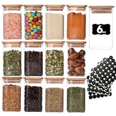Wells 6oz Glass Spice Jars with Bamboo Lid and Label 12 Pack Square Glass Container Small Food Storage Containers for Kitchen Clear Empty Seasoning Jar for Sugar Salt Coffee Bean Herb Borosilicate