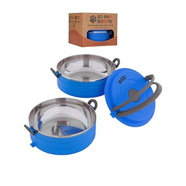 Healthy Human Travel Pet Bento Bowls HumanGrade Stainless Steel BPAFree LeakProof Water Food Container Set for Dogs Cats 2Pack Interlocking Bowls Includes Spare Clips Handle Blue