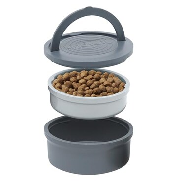 KindTail Portable Pet Feeder Travel Dog Bowls with Lid and Handle Microwave and DishwasherSafe 10oz Inner Bowl 20oz Outer Bowl Grey