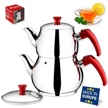 Hakan Teapot Set with Self Strainer Double Lids Stainless Steel Mini Double Bondy Tea Pot Set Turkish Samovar Style Tea Kettle for Loose Leaf Tea with Bakelite Handle 084 126 Qt