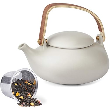 ZENS Vintage Japanese Teapot with Strainer 27oz Matte Ceramic Loose Leaf Teapot with Infuser Wood Handle Gray Japanese Teapots Hot Tea Brewer Pot for Women Tea Lovers Gifts