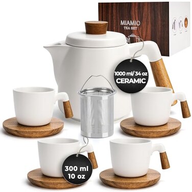 MIAMIO 34 Oz Ceramic Tea Pot Set with Infuser and CupsTea Strainer 4 Ceramic Tea Mugs 10 Oz Bamboo SaucersHandle for Home and Office White