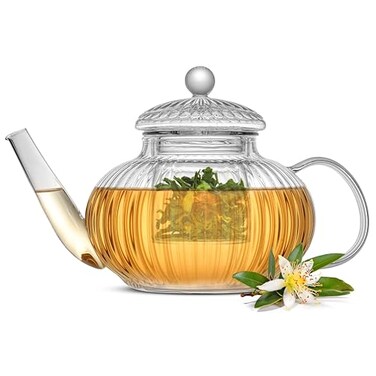 JoyJolt Fluted Glass Teapot Set 34oz Stovetop Safe Tea Kettle Borosilicate Clear Kettle with Removable Glass Infuser Blooming and Loose Leaf Tea Maker and Brewer