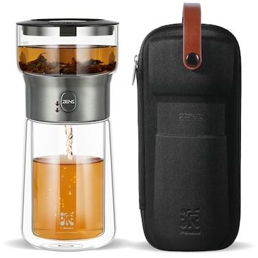 ZENS Modern Glass Tea Infuser Teapot Smart One Touch Tea Maker for Loose Tea Diffusers with Insulated Mug and Portable Tea Kits Cool Gongfu Tea Pot for Black Tea Lover Gifts