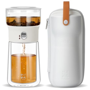 ZENS Modern Tea Pot Glass Teapot with Infusers for Loose Tea Diffusers with One Touch Pouring Cool Portable Tea Maker with Insulated Tea Mug and Travel Tea Kits for Tea Lover Gifts